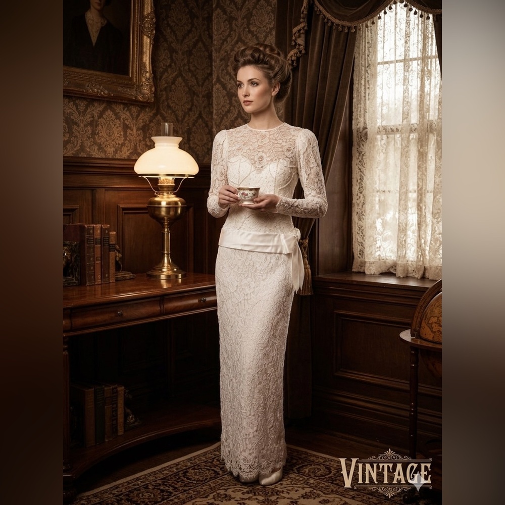 Vintage Elegant Ivory Lace Long-Sleeve Sheath Dress